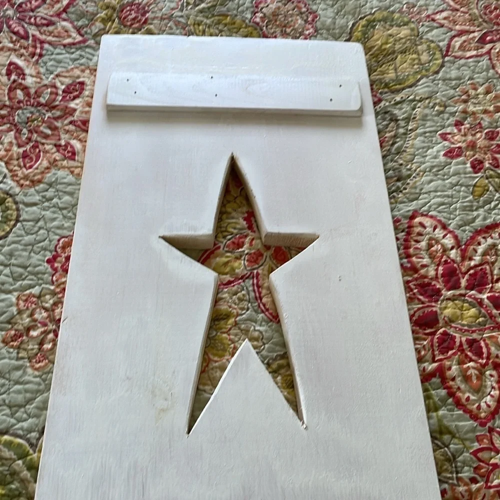 White washed solid pine wood star shutter. Primitive decor. Approx 11” w x 24”l